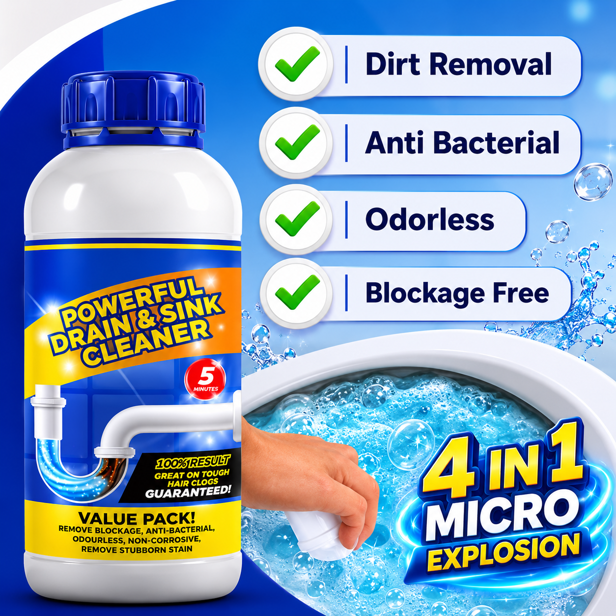Sanitizo Powerful Drain & Sink Cleaner Powder 100 gm Each(Pack of 4) (PL)