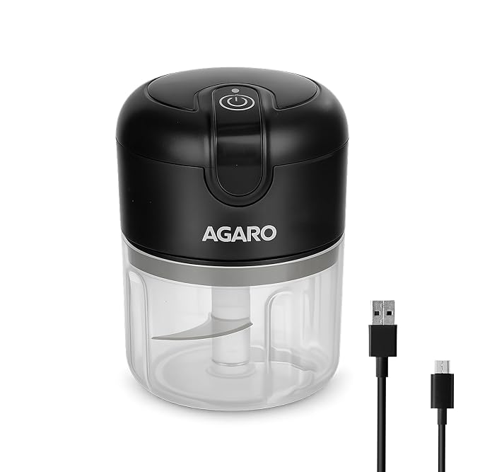 AGARO Elite Rechargeable Mini Electric Chopper, Food Grade Bowl, Stainless Steel Blades, Rechargeable, One Touch Operation, for Chopping Garlic, Ginger, Onion, Vegetable, Nuts,