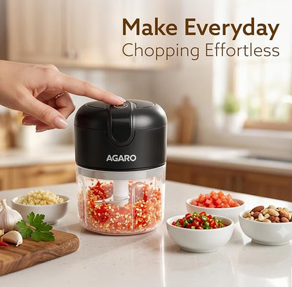 AGARO Elite Rechargeable Mini Electric Chopper, Food Grade Bowl, Stainless Steel Blades, Rechargeable, One Touch Operation, for Chopping Garlic, Ginger, Onion, Vegetable, Nuts,
