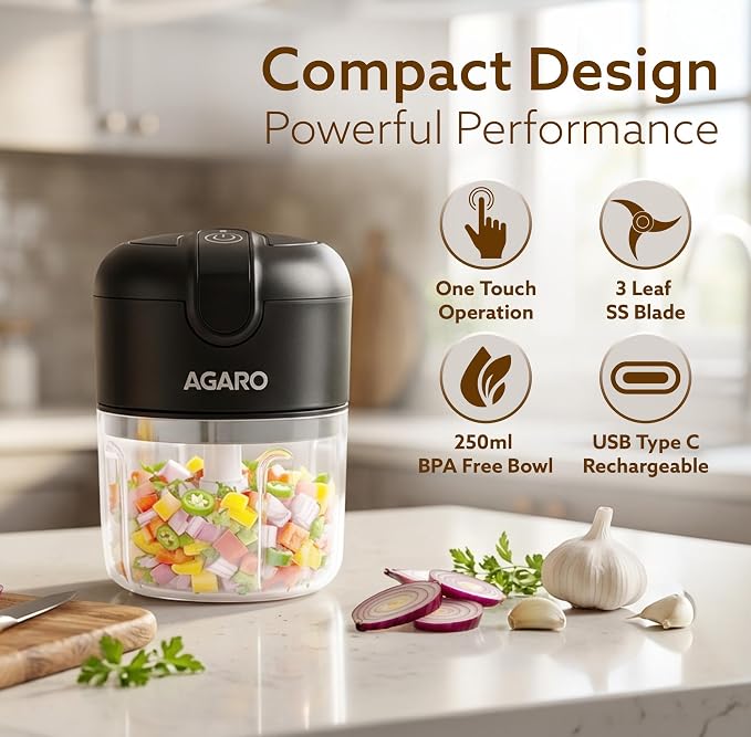 AGARO Elite Rechargeable Mini Electric Chopper, Food Grade Bowl, Stainless Steel Blades, Rechargeable, One Touch Operation, for Chopping Garlic, Ginger, Onion, Vegetable, Nuts,