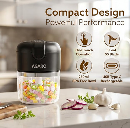 AGARO Elite Rechargeable Mini Electric Chopper, Food Grade Bowl, Stainless Steel Blades, Rechargeable, One Touch Operation, for Chopping Garlic, Ginger, Onion, Vegetable, Nuts,