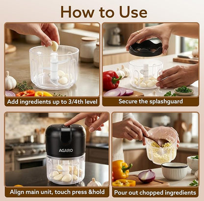 AGARO Elite Rechargeable Mini Electric Chopper, Food Grade Bowl, Stainless Steel Blades, Rechargeable, One Touch Operation, for Chopping Garlic, Ginger, Onion, Vegetable, Nuts,
