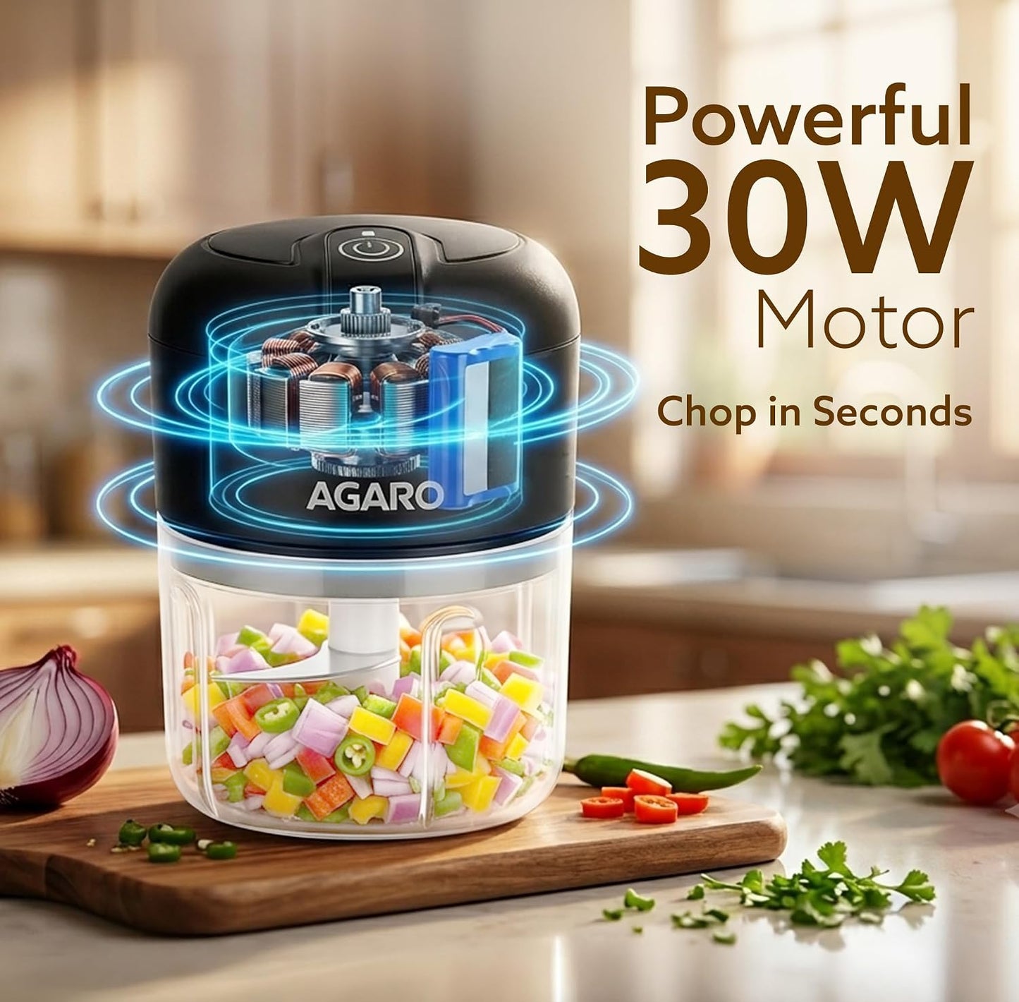 AGARO Elite Rechargeable Mini Electric Chopper, Food Grade Bowl, Stainless Steel Blades, Rechargeable, One Touch Operation, for Chopping Garlic, Ginger, Onion, Vegetable, Nuts,