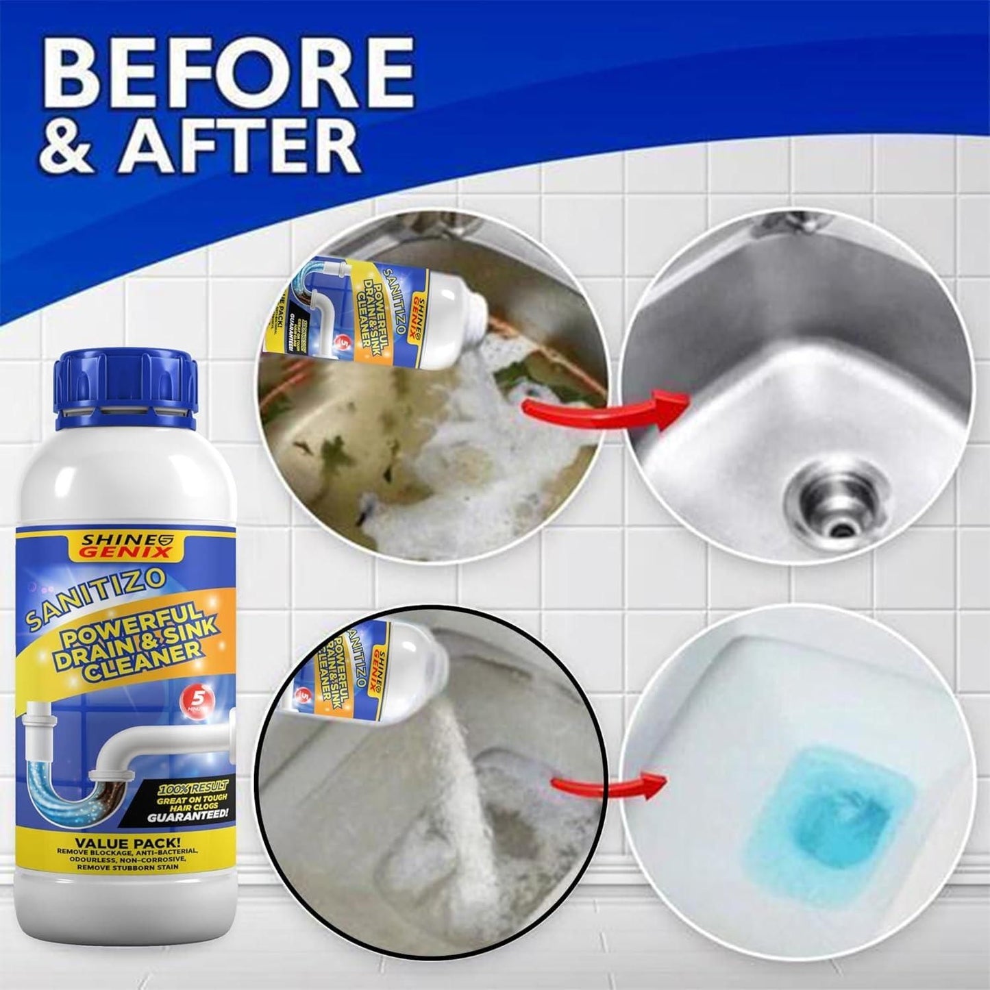 Sanitizo Powerful Drain & Sink Cleaner Powder 100 gm Each(Pack of 4) (PL)