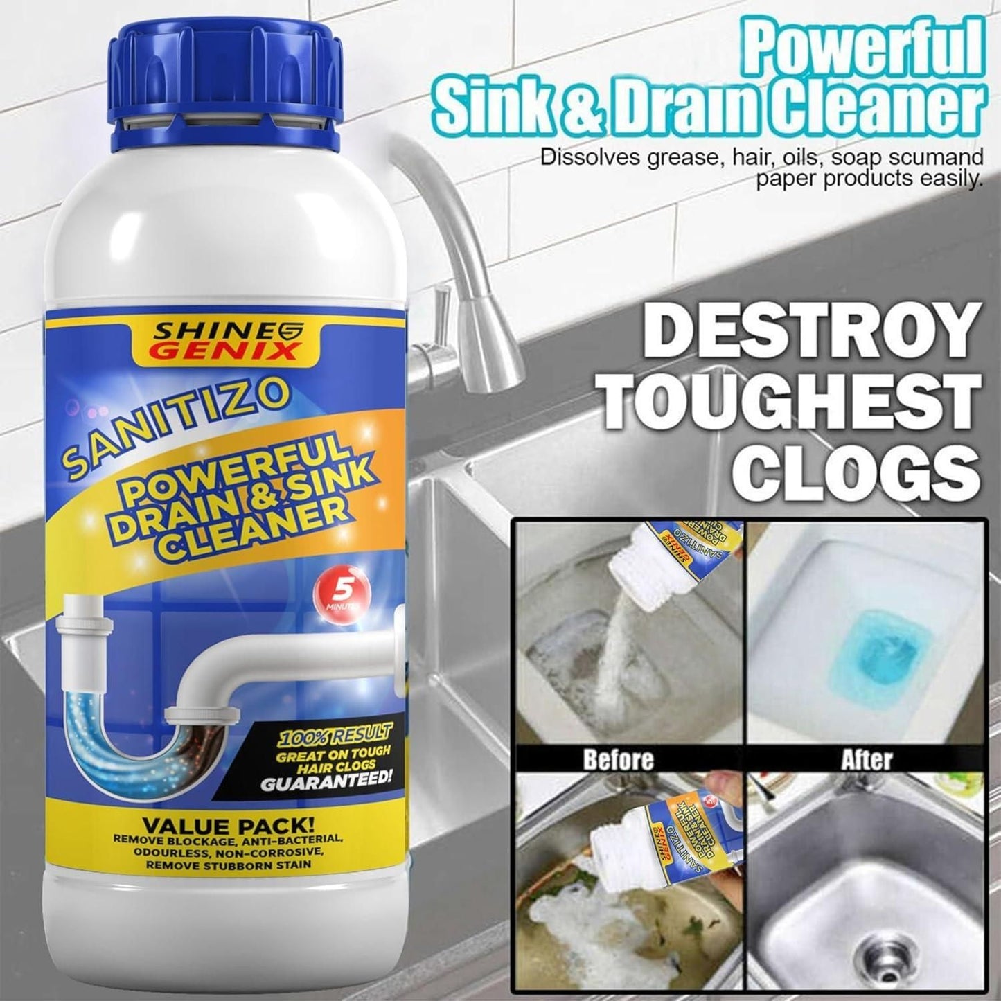 Sanitizo Powerful Drain & Sink Cleaner Powder 100 gm Each(Pack of 4) (PL)