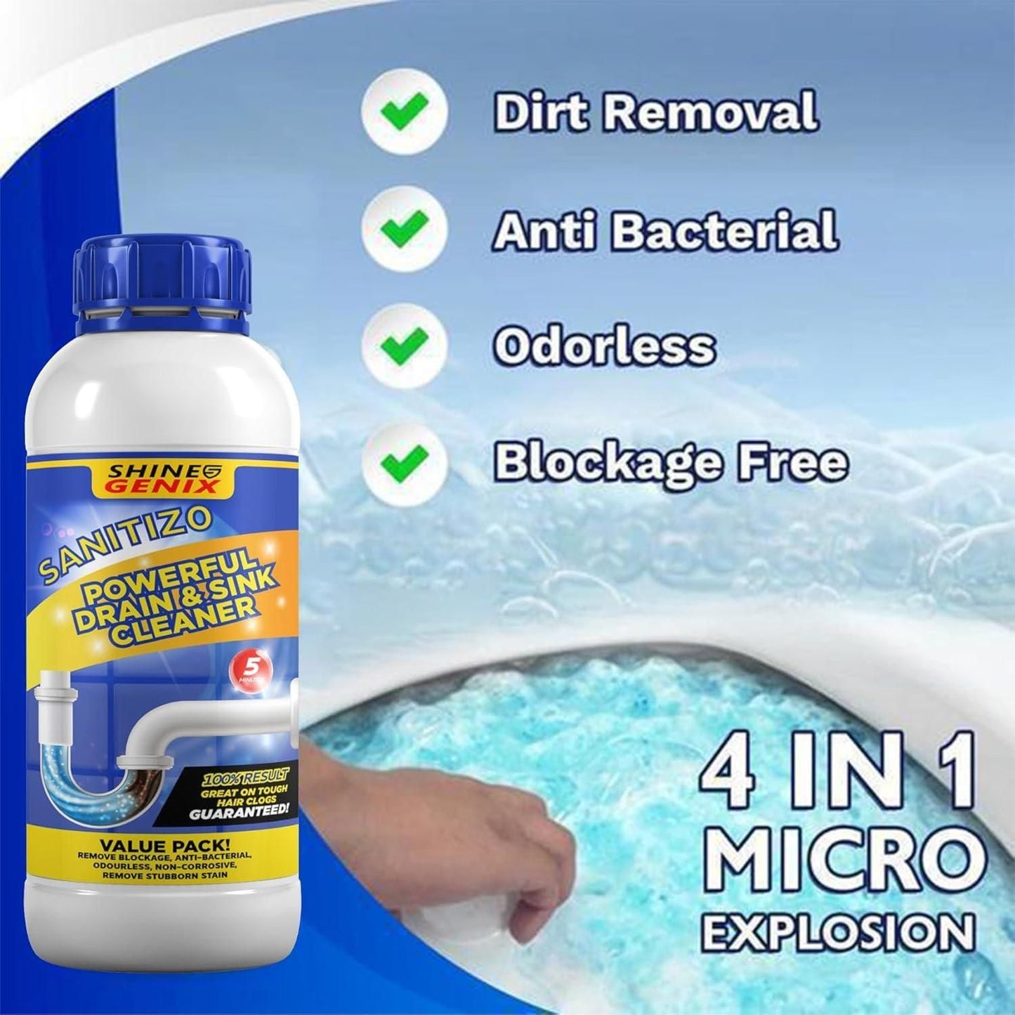 Sanitizo Powerful Drain & Sink Cleaner Powder 100 gm Each(Pack of 4) (PL)